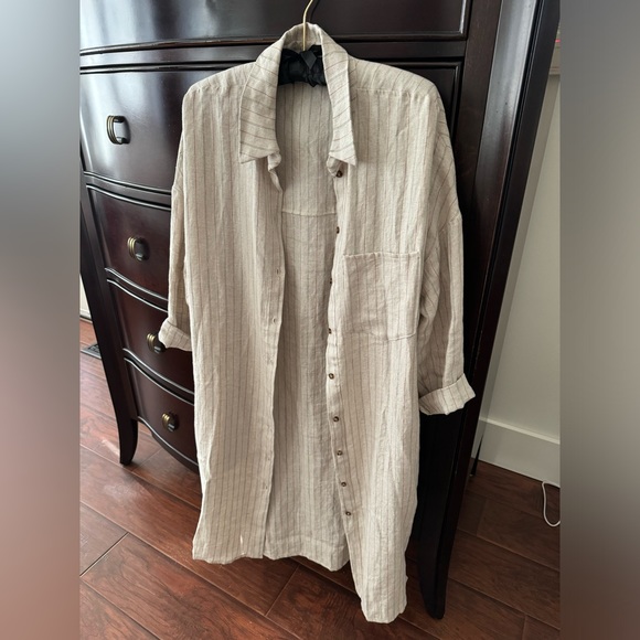 Rebecca King one-of-a-kind sample oatmeal linen stripe duster with pockets - Picture 3 of 15